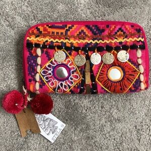 Stela9 Boho Woven Mirrored Pom Pom Clutch NWT